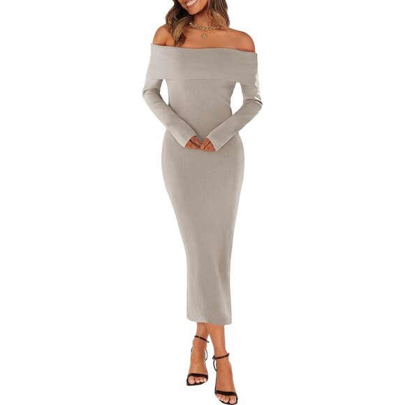 Merokeety Women's Gray Off Shoulder Long Sleeve Elegant Bodycon Midi Dress - Picture 3 of 9